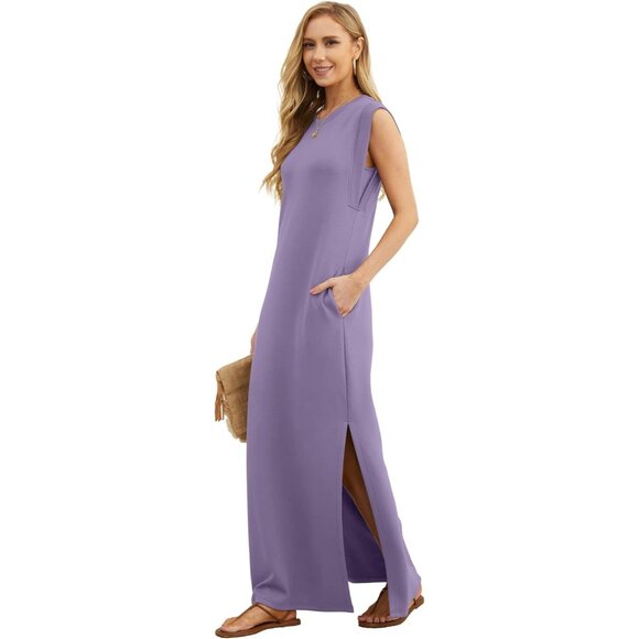 Grecerelle Women Purple Round Neck Loose Split Wrinkle-Free Long Maxi Dress - Picture 2 of 6